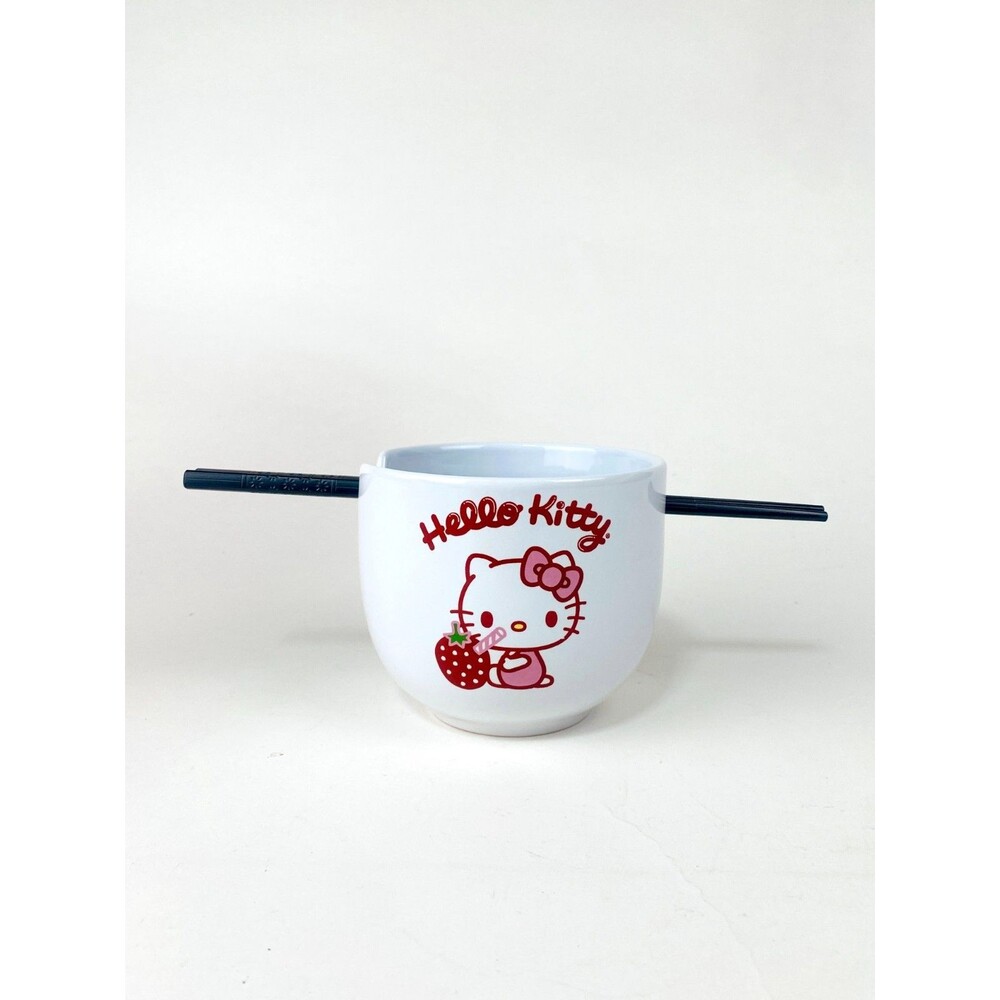 Hello Kitty Strawberry Milk Ceramic Ramen Bowl Sanrio Used With New Chopsticks